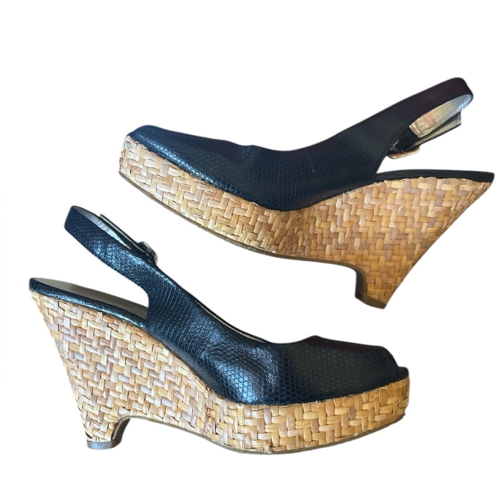 Banana Republic Black Leather peep Toe Raffia Woven Wedge Slingback Sandal. Sz 7